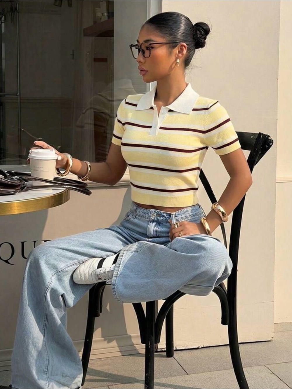 SHEIN Yellow Striped Polo Crop Top with White Collar